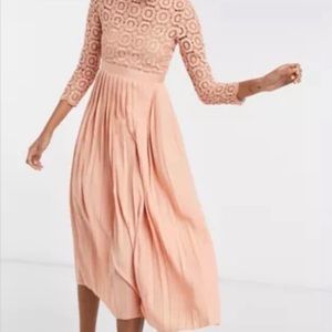 Little Mistress Blush Lace Bodice Pleated Midi Dress